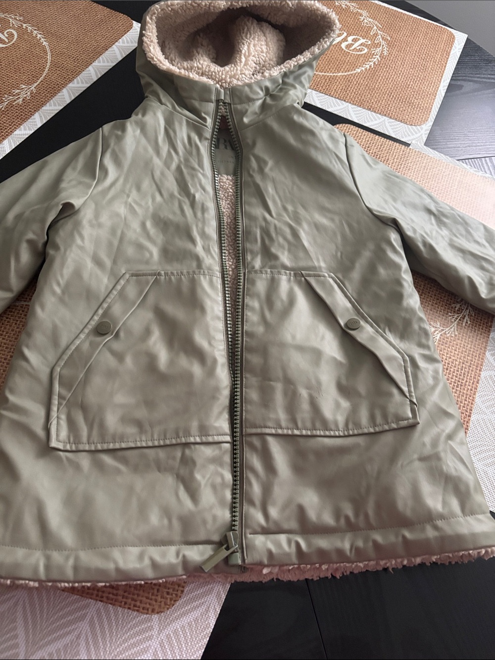 Zara Kids Olive Green Hooded Sherpa-Lined Pea Coat